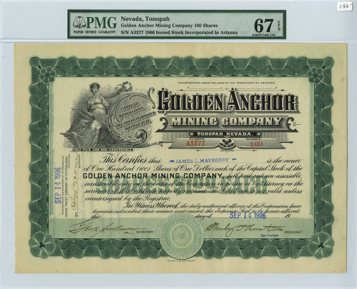 Golden Anchor Mining Co. - Tonopah, Nevada - 1905-09 dated Nevada Mining Stock Certificate